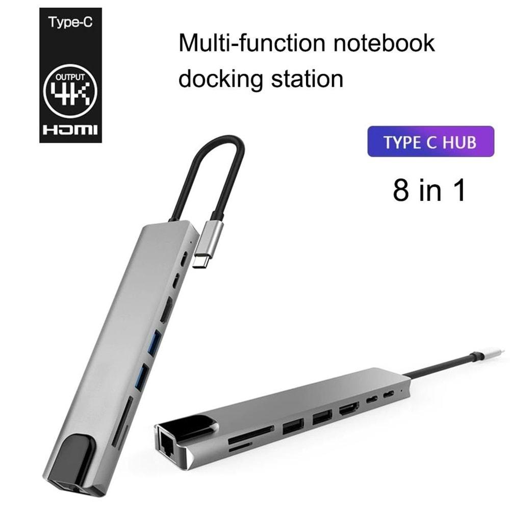 Type C To Hdmi Usb 3.0 Sd MicroSD 8in1 Kart Rj45 Ethernet Çevirici Dönüştürücü Adaptör