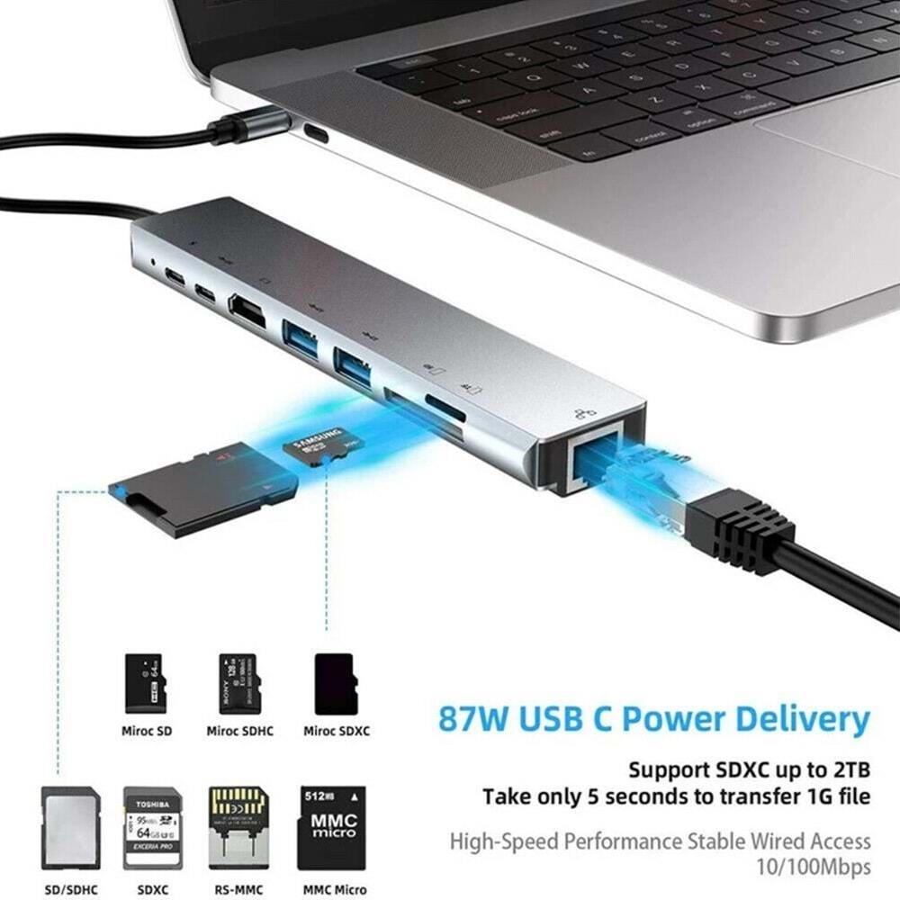 Type C To Hdmi Usb 3.0 Sd MicroSD 8in1 Kart Rj45 Ethernet Çevirici Dönüştürücü Adaptör