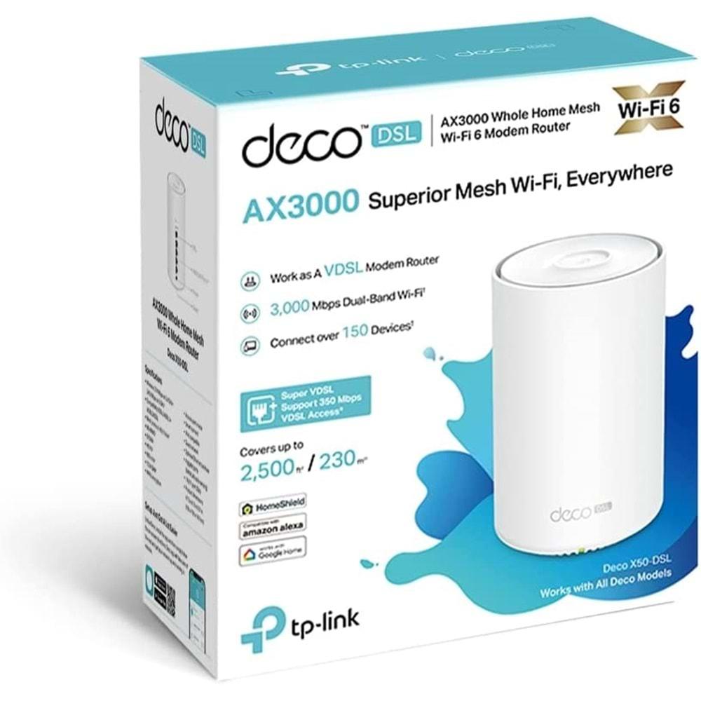 TP-Link Deco X50-DSL(1-pack), AX3000 Fiber Destekli VDSL Tüm Ev Mesh Wi-Fi 6 Sistemi ( 1’li Paket )
