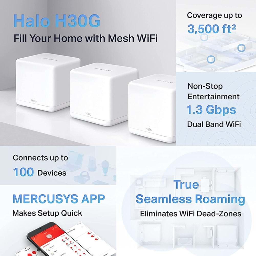 TP-Link Mercusys Halo H30G(3-Pack), AC1300 Mbps Tüm Ev Mesh Wi-Fi Sistemi