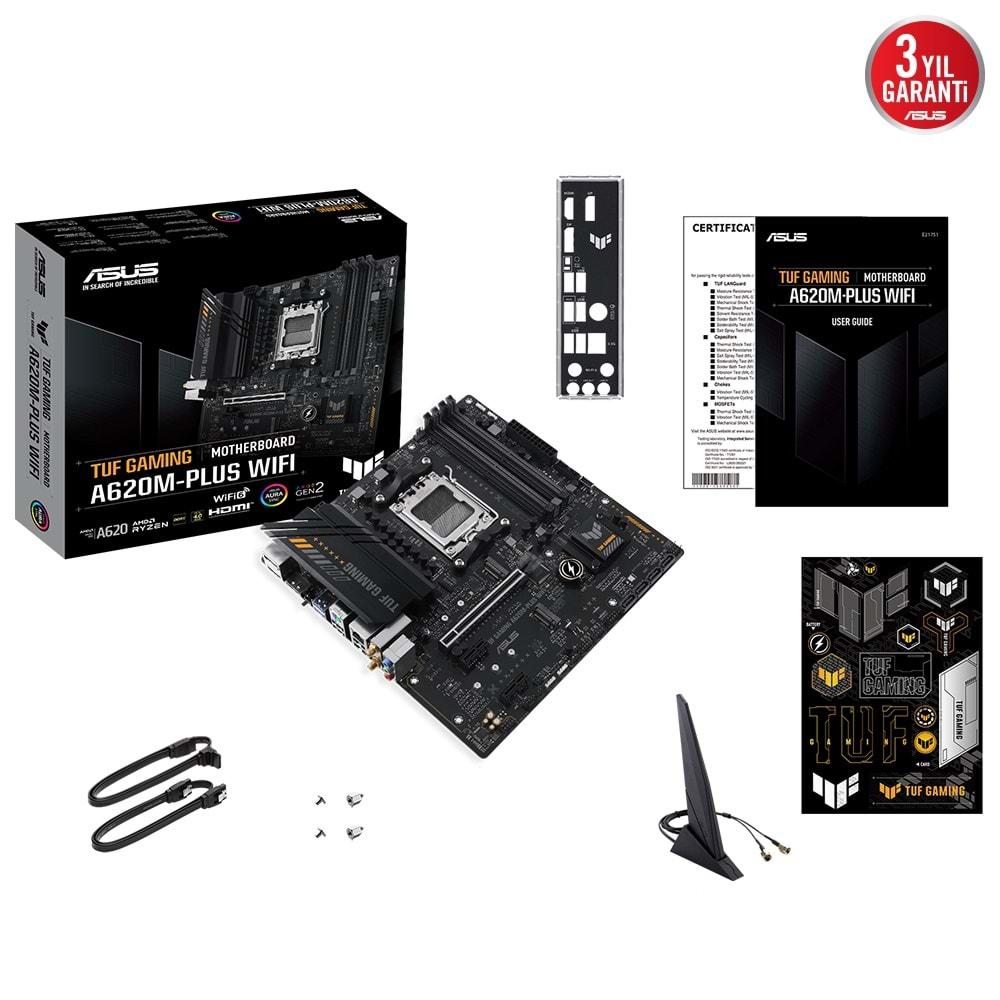 Asus TUF GAMING A620M-PLUS Wi-Fi AMD A620 6400 MHz (OC) DDR5 Soket AM5 mATX Anakart
