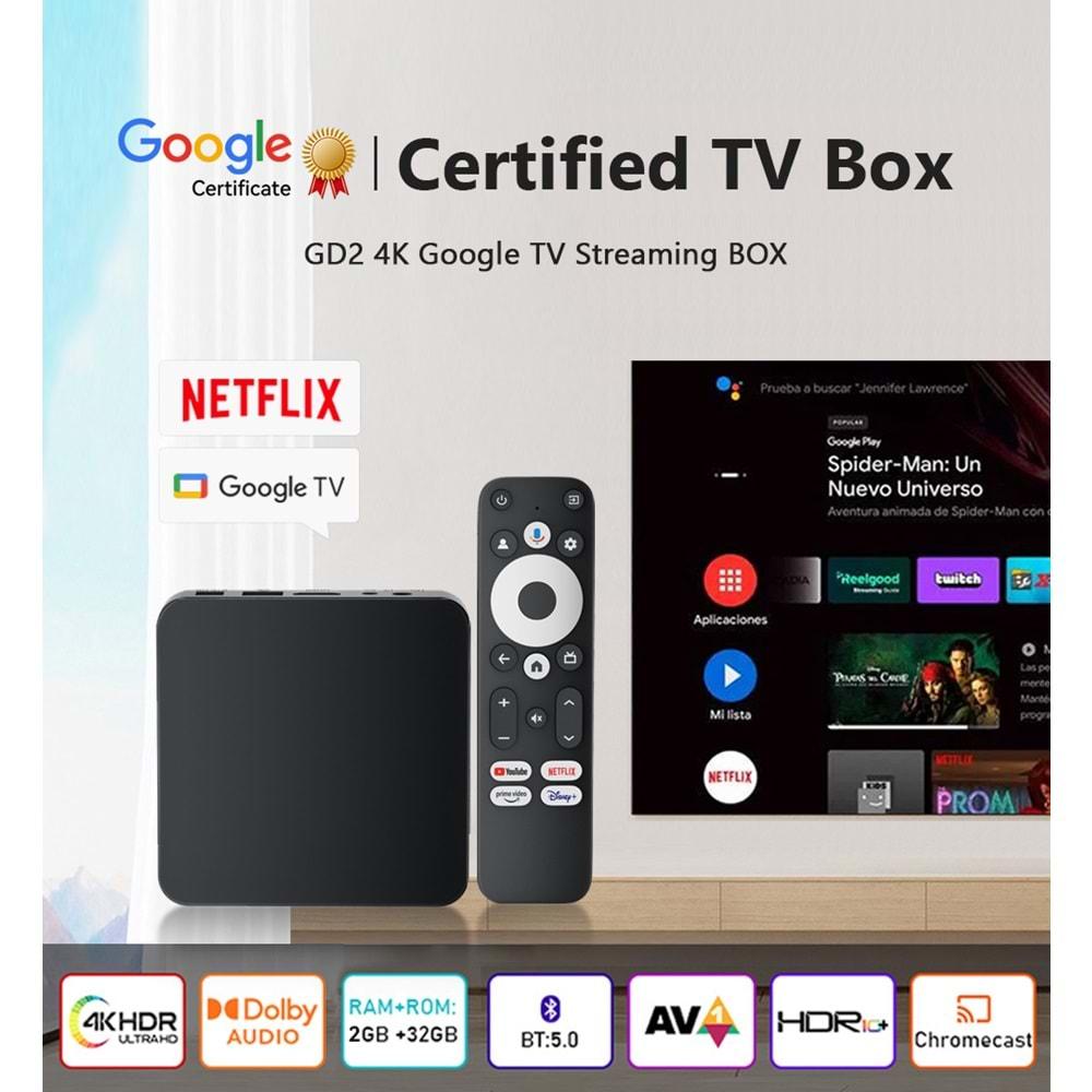 Dcolor GD2 4K Tv Box Android 12 2GB+32GB Google Netflix L1 Sertifikalı TRT Bandollü Tv Kutusu