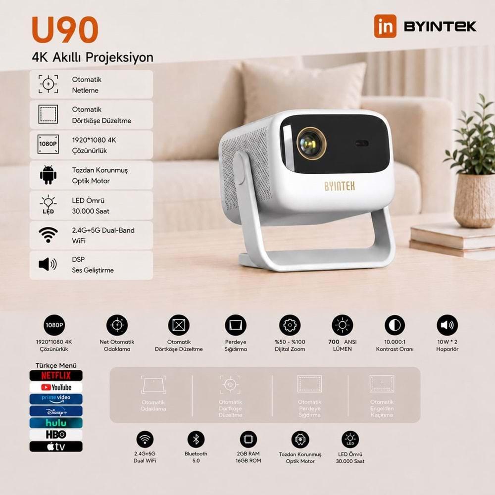Byintek U90 DLP Full HD 1080P Taşınabilir Projeksiyon Cihazı, 700 ANSI Lümen, TOF Otomatik Odaklama, MEMC, 20800mAh Batarya, 20W Ses, Ev İçin Çift Bantlı Wi-Fi