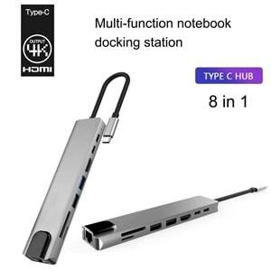 Type C To Hdmi Usb 3.0 Sd MicroSD 8in1 Kart Rj45 Ethernet Çevirici Dönüştürücü Adaptör