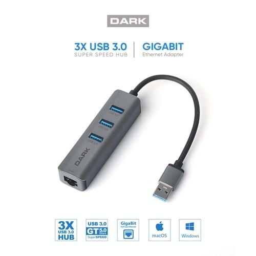 Dark USB Type-A to RJ45 Gigabit Ethernet ve 3xUSB 3.0 Hub Çoklayıcı Adaptör DK-AC-USB332GL