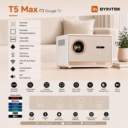 Byintek T5 Max Projeksiyon Cihazı, Lisanslı Google TV, Yerel Full HD 1080P, 1000 ANSI Lümen, Otomatik Odaklama, Otomatik Trapez Düzeltme, Çift Bant Wi-Fi, Bluetooth 5.0, Sızdırmaz Optik Motor
